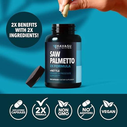 Saw Palmetto with Stinging Nettle Capsules - 2X Prostate Support Supplement for Men’s Health - 120 Count - DHT Blocker for Urinary Tract Function and Hair - Vegan, Non-GMO - 2 Month Supply