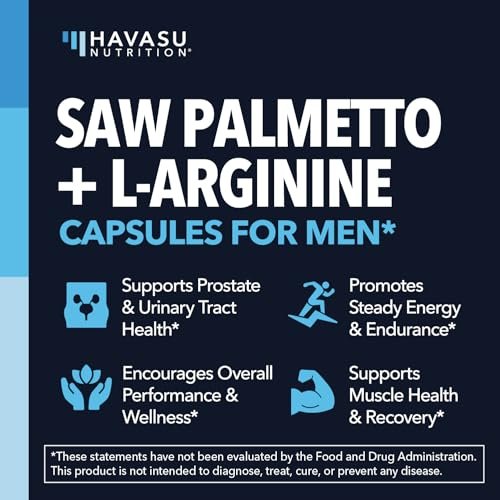 Saw Palmetto 500mg and L-Arginine 500 mg - Prostate Health and Nitric Oxide Supplements for Men - 60 Count - Urinary Function Support and Endurance for Active Males - Vegan, Non-GMO, 1 Month Supply - görsel 6
