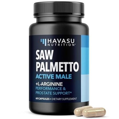 Saw Palmetto 500mg and L-Arginine 500 mg - Prostate Health and Nitric Oxide Supplements for Men - 60 Count - Urinary Function Support and Endurance for Active Males - Vegan, Non-GMO, 1 Month Supply