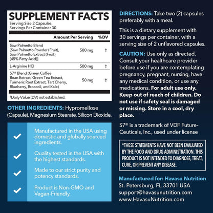Saw Palmetto 500mg and L-Arginine 500 mg - Prostate Health and Nitric Oxide Supplements for Men - 60 Count - Urinary Function Support and Endurance for Active Males - Vegan, Non-GMO, 1 Month Supply