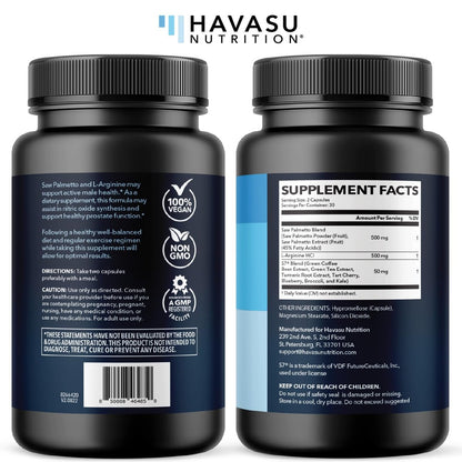 Saw Palmetto 500mg and L-Arginine 500 mg - Prostate Health and Nitric Oxide Supplements for Men - 60 Count - Urinary Function Support and Endurance for Active Males - Vegan, Non-GMO, 1 Month Supply