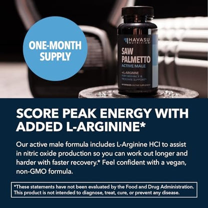 Saw Palmetto 500mg and L-Arginine 500 mg - Prostate Health and Nitric Oxide Supplements for Men - 60 Count - Urinary Function Support and Endurance for Active Males - Vegan, Non-GMO, 1 Month Supply