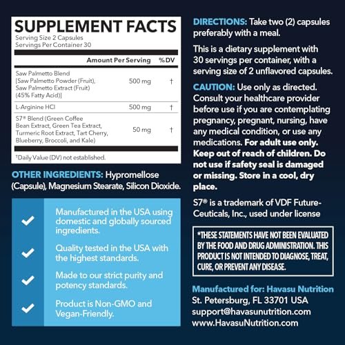 Saw Palmetto 500mg and L-Arginine 500 mg - Prostate Health and Nitric Oxide Supplements for Men - 60 Count - Urinary Function Support and Endurance for Active Males - Vegan, Non-GMO, 1 Month Supply - görsel 4