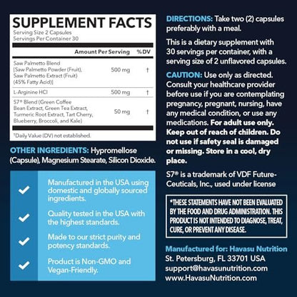Saw Palmetto 500mg and L-Arginine 500 mg - Prostate Health and Nitric Oxide Supplements for Men - 60 Count - Urinary Function Support and Endurance for Active Males - Vegan, Non-GMO, 1 Month Supply