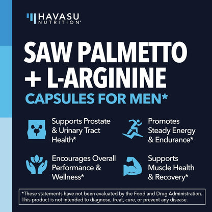Saw Palmetto 500mg and L-Arginine 500 mg - Prostate Health and Nitric Oxide Supplements for Men - 60 Count - Urinary Function Support and Endurance for Active Males - Vegan, Non-GMO, 1 Month Supply