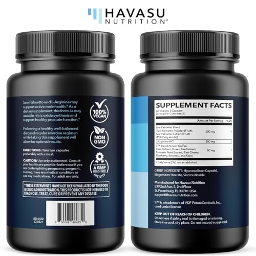 Saw Palmetto 500mg and L-Arginine 500 mg - Prostate Health and Nitric Oxide Supplements for Men - 60 Count - Urinary Function Support and Endurance for Active Males - Vegan, Non-GMO, 1 Month Supply - görsel 18