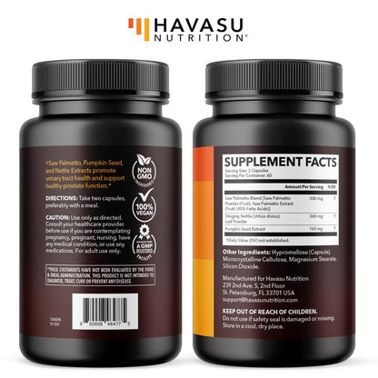 Saw Palmetto Supplement with Stinging Nettle and Pumpkin Seed Extract - Advanced 3X Formula - DHT Blocker Urinary Health and Prostate Support for Mens Health - Vegan, Non-GMO Capsules - 2 Month Supply
