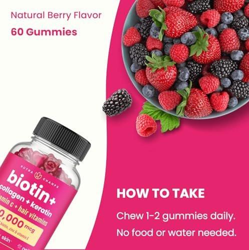 NutraChamps Biotin Gummies 5000mcg with Collagen, Keratin & More – Hair Skin and Nails Vitamins for Women & Men – Support Normal Hair Growth Cycle - Enhanced with Vitamin C, D3, Zinc - görsel 5