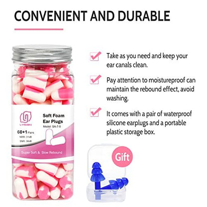 LYSIAN Ultra Soft Foam Sleep Earplugs, 38dB SNR Noise Reduction Ear Plugs for Sleeping, Mowing, Shooting - 60 Pairs, Double Color Pink/White