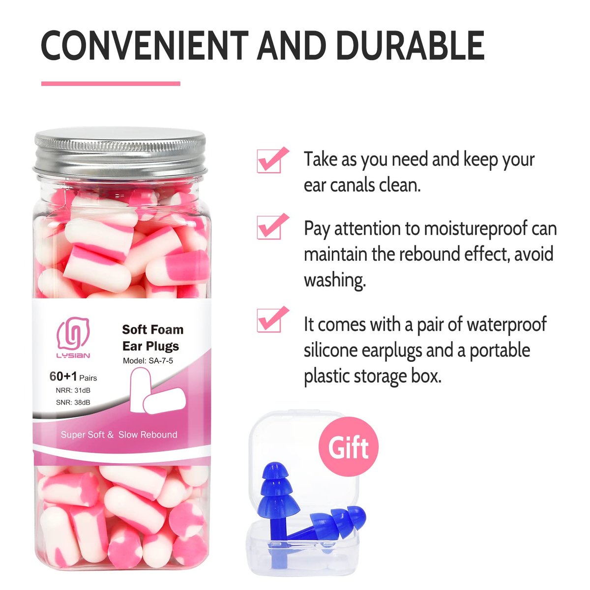 LYSIAN Ultra Soft Foam Sleep Earplugs, 38dB SNR Noise Reduction Ear Plugs for Sleeping, Mowing, Shooting - 60 Pairs, Double Color Pink/White - görsel 11