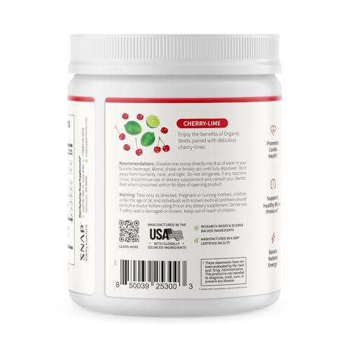 Snap Supplements Organic Beet Root Powder Nitric Oxide Supplement for Men & Women, Red Spinach & Pomegranate, Supports Healthy Energy & Blood Pressure Already in Normal Range, 30 Servings, Cherry Lime - görsel 2