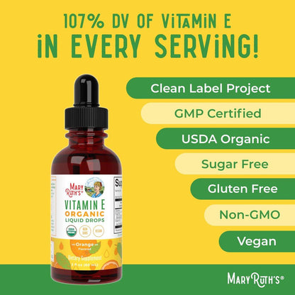 MaryRuth Organics USDA Vitamin E Liquid Drops 2 Month Supply | Bone and Joint Health | Cognitive Health for Adults and Kids | Sugar Free, Vegan, Non-GMO, Gluten Free | 2 Ounces