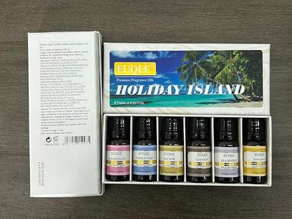 EUQEE Summer Fragrance Oil Gift Set of 6, Holiday Island Essential Oils Set for Humidifier, Aromatherapy - Pineapple, Coconut, Sea Breeze, Bubble Gum, Bay Rum, Marshmallow (10ml)