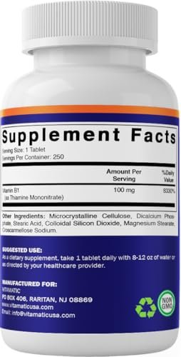 Vitamatic Vitamin B1 (As Thiamine Mononitrate) 100mg – 250 Vegetarian Tablets Supports Energy Production, Nervous System Function & Heart Health*