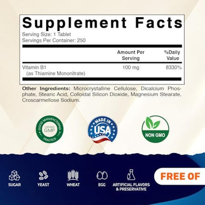 Vitamatic Vitamin B1 (As Thiamine Mononitrate) 100mg – 250 Vegetarian Tablets Supports Energy Production, Nervous System Function & Heart Health*