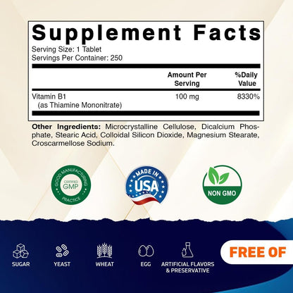 Vitamatic Vitamin B1 (As Thiamine Mononitrate) 100mg – 250 Vegetarian Tablets Supports Energy Production, Nervous System Function & Heart Health*