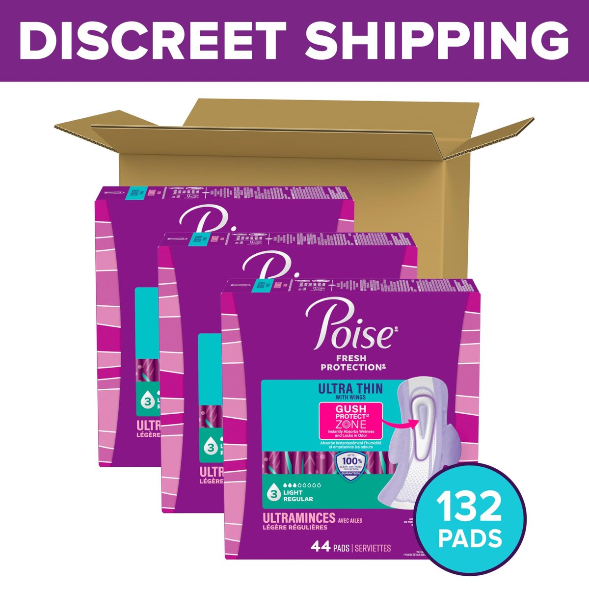 Poise Ultra Thin Incontinence & Postpartum Pads with Wings for Bladder Leaks, 3 Drop Light Absorbency, Regular Length, 132 Count (Packaging May Vary) - görsel 4