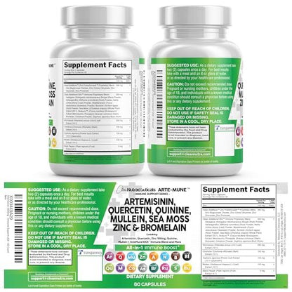 Clean Nutraceuticals Artemisinin Quercetin Zinc Mullein Quinine Supplement with Sea Moss Bromelain Ashwagandha Root Nettle Leaf Bladderwrack Burdock Root Monolaurin Colostrum Rutin