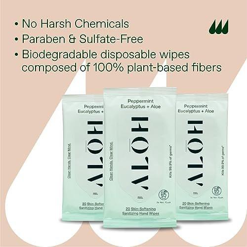 ALŌH Peppermint Eucalyptus + Aloe Sanitizing Hand Wipes - Clean Hands, Clear Mind On The Go Sanitizer for Kids and Adults - Travel Size 3 Pack 20ct Wipes (60 Wipes) - görsel 7