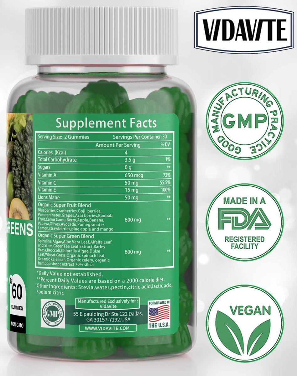VIDAVITE Sugar-free Super Greens Gummies — US-Made, 35+ Fruit and Veggie gummies to Boost Immunity, Skin & Gut Health — Ideal Fruits and Vegetables Supplement for Adults & Picky Teens (30-Days Supply) - görsel 2