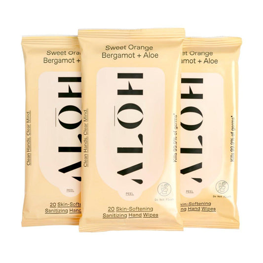 ALŌH Sweet Orange Bergamot + Aloe Sanitizing Hand Wipes - Clean Hands, Clear Mind - On The Go Hand Sanitizing Wipes for Kids and Adults - Travel Size 3 Pack 20ct Wipes (60 wipes)