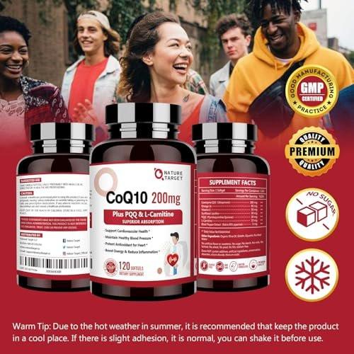 NATURE TARGET CoQ10-200mg with PQQ L-Carnitine & Omega-3s, High Absorption Coenzyme-Q10 with BioPerine, Supports Heart and Immune System, Cellular-Energy-Production, 120 Servings - görsel 1