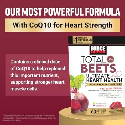 Force Factor Total Beets Blood Pressure Support Supplements with Beet Powder, Great-Tasting Chewables for Heart-Healthy Energy, and Increased Nitric Oxide, 60 Chews
