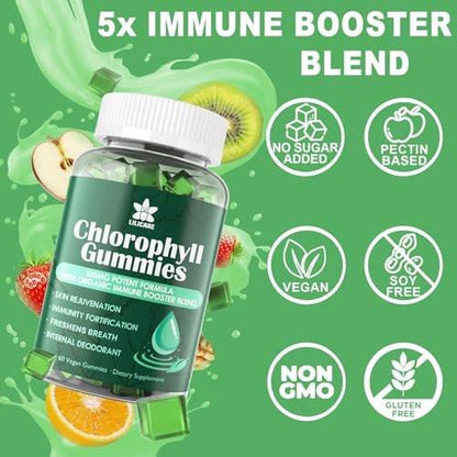 Chlorophyll Gummies - Super Green with Wheat Grass, Sea Moss, Unfiltered ACV & Elderberry, Echinacea, Zinc Complex & Vitamin D3, C, E, B12 for Natural Deodorant, Immune & Digestion Support, 60 Chews