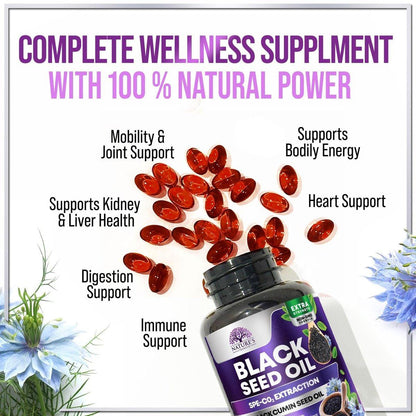 Black Seed Oil Capsules, 1000mg Per Serving - Best Cumin Seed Oil - Pure Nigella Sativa Black Seed Oil & Thymoquinone - Amazing Antioxidant for Skin Support Supplement - Bottled in USA - 60 Softgels