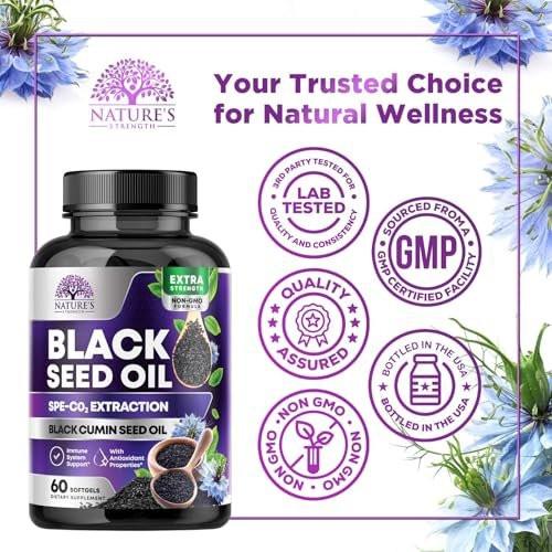 Black Seed Oil Capsules, 1000mg Per Serving - Best Cumin Seed Oil - Pure Nigella Sativa Black Seed Oil & Thymoquinone - Amazing Antioxidant for Skin Support Supplement - Bottled in USA - 60 Softgels - görsel 8