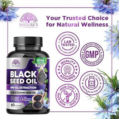 Black Seed Oil Capsules, 1000mg Per Serving - Best Cumin Seed Oil - Pure Nigella Sativa Black Seed Oil & Thymoquinone - Amazing Antioxidant for Skin Support Supplement - Bottled in USA - 60 Softgels