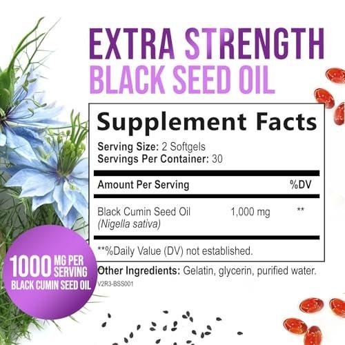 Black Seed Oil Capsules, 1000mg Per Serving - Best Cumin Seed Oil - Pure Nigella Sativa Black Seed Oil & Thymoquinone - Amazing Antioxidant for Skin Support Supplement - Bottled in USA - 60 Softgels - görsel 4