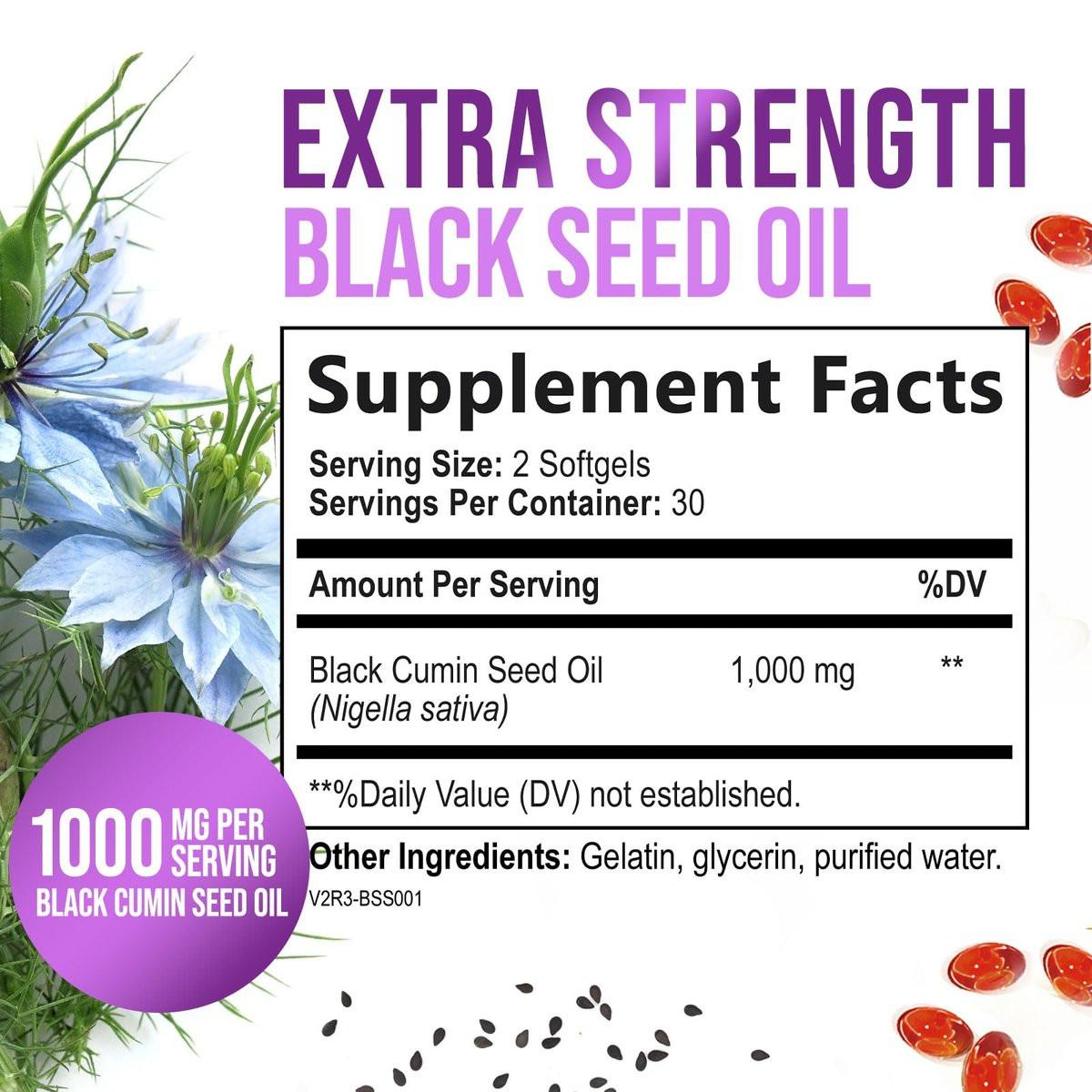 Black Seed Oil Capsules, 1000mg Per Serving - Best Cumin Seed Oil - Pure Nigella Sativa Black Seed Oil & Thymoquinone - Amazing Antioxidant for Skin Support Supplement - Bottled in USA - 60 Softgels - görsel 3