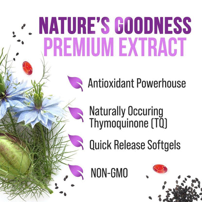 Black Seed Oil Capsules, 1000mg Per Serving - Best Cumin Seed Oil - Pure Nigella Sativa Black Seed Oil & Thymoquinone - Amazing Antioxidant for Skin Support Supplement - Bottled in USA - 60 Softgels