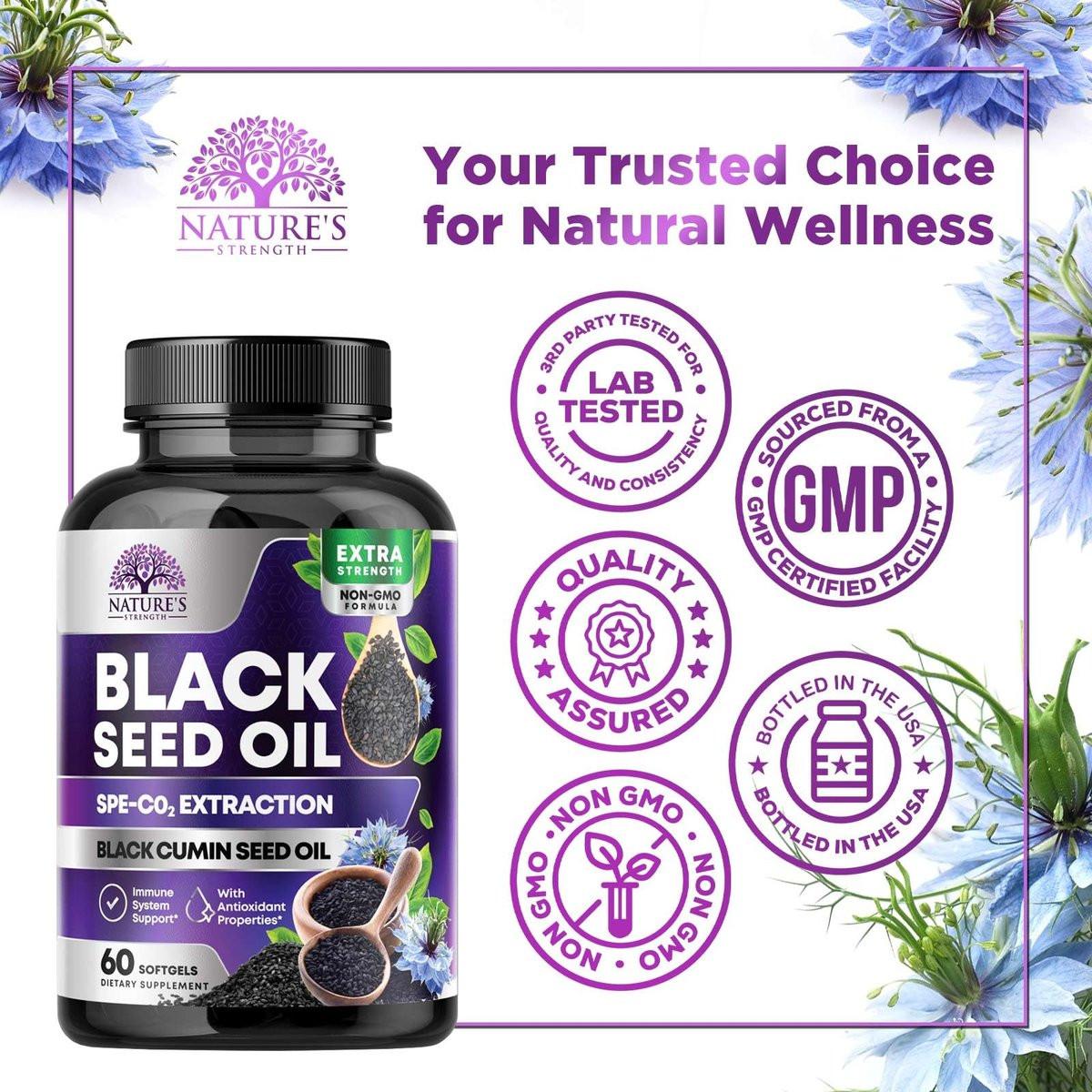 Black Seed Oil Capsules, 1000mg Per Serving - Best Cumin Seed Oil - Pure Nigella Sativa Black Seed Oil & Thymoquinone - Amazing Antioxidant for Skin Support Supplement - Bottled in USA - 60 Softgels - görsel 7