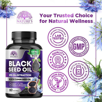 Black Seed Oil Capsules, 1000mg Per Serving - Best Cumin Seed Oil - Pure Nigella Sativa Black Seed Oil & Thymoquinone - Amazing Antioxidant for Skin Support Supplement - Bottled in USA - 60 Softgels