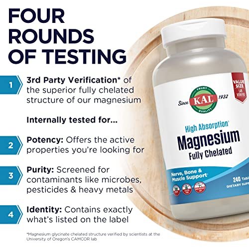 KAL Magnesium Glycinate Tablets, Fully Chelated, High Absorption Formula with Magnesium Bisglycinate Chelate for Nerve, Muscle & Bone Health Support, Vegan, Gluten Free, Value Size, 240 Tablets - görsel 6