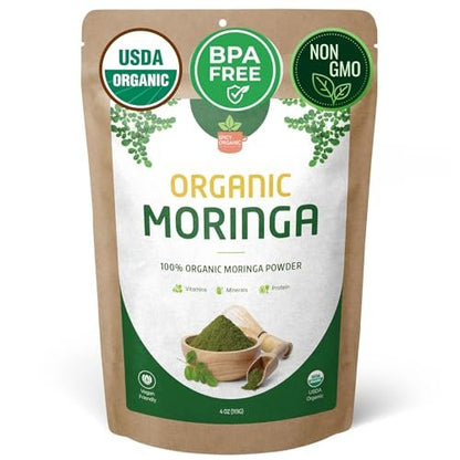 SPICY ORGANIC USDA Certified Organic Moringa Powder 4 oz | Moringa Leaf Powder Organic | Natural Energy, Vegan, Non-GMO, Gluten-Free – for Smoothies, Teas, Cooking – Resealable Pouch