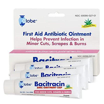 Globe (3 Pack) Bacitracin Zinc Ointment + Aloe 1oz - Maximum Strength Antibiotic for Wound Healing - Topical Medicated Solution for Cuts, Burns, Scrapes - Skin Infection & First Aid Essentials