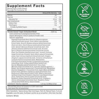 Force Factor Smarter Greens Superfood Chews, Greens and Superfoods to Support Gut Health, Bloating, and Digestion, with Probiotics, Antioxidants, and Fiber, Summer Berry, 60 Soft Chews