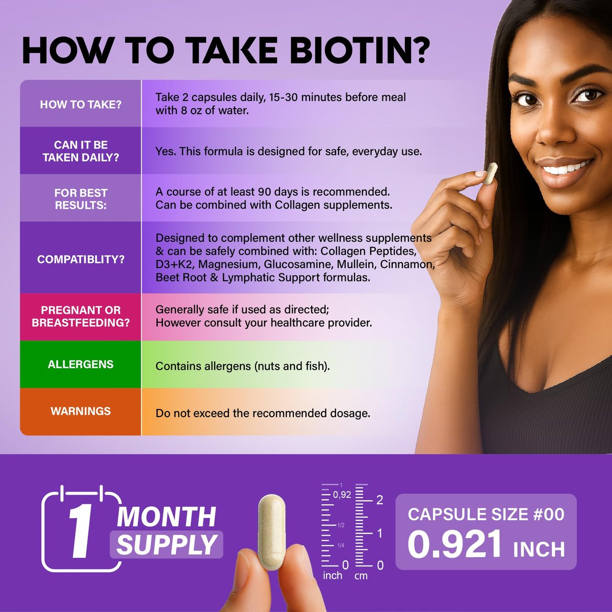 Biotin | Collagen | Hyaluronic Acid | Keratin - Hair Growth & Strength Support Vitamins - Skin & Nails Supplement - Clinically Tested for Men & Women - 25000mcg Vitamins B1, B2, B3, B6 & B7 - 60 Caps - görsel 5