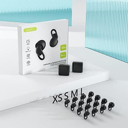 Silicone Ear Plugs for Noise Reduction - Reusable Soft Comfortable Earplugs for Sleeping, Noise Sensitivity & Flights - 16 Ear Tips in XS/S/M/L, with 2 Travel Boxes - 33dB Noise Cancelling (Black)