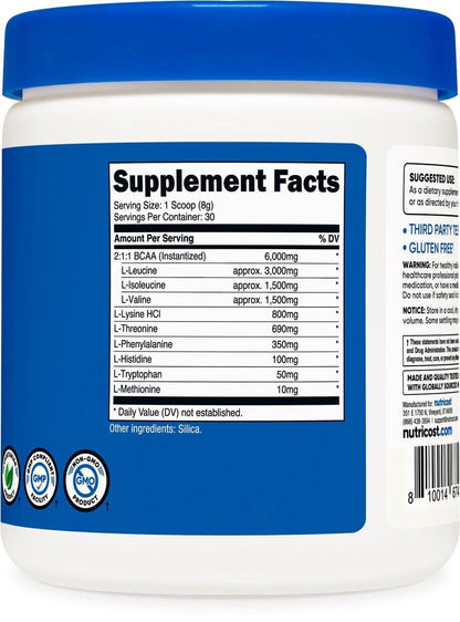 Nutricost BCAA Powder (Pineapple, 30 Servings) - Optimal 2:1:1 Ratio