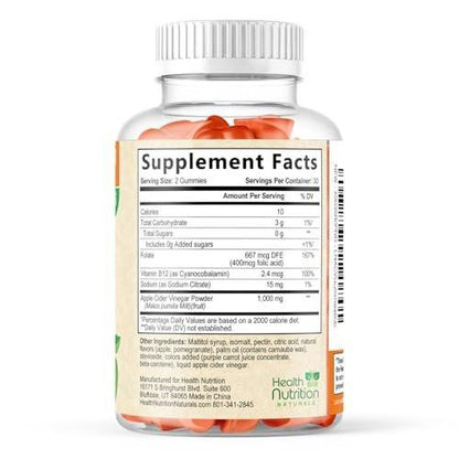 Apple Cider Vinegar Gummies Zero Sugar - Max Strength ACV Gummy Vitamins - Vitamin B12 & The Mother - Metabolism & Energy Support - Vegan Apple Cider Vinegar Gummy Supplement - Non-GMO - 120 Gummies