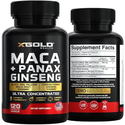 Maca Root Capsules 20:1 Extract + Korean Panax Ginseng 10:1 Extract - 20x Concentrated Black + Red + Yellow Maca Root, 10x Concentrated Panax Ginseng Capsules - Ultra Potent & Highly Purified