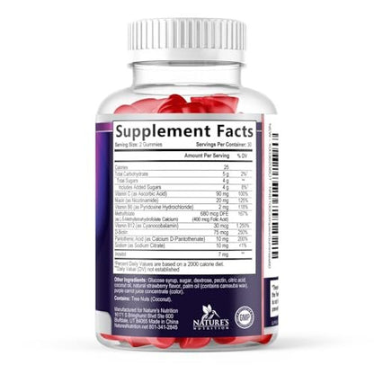 Vitamin B Complex Gummies - Extra Strength Super B Vitamin Gummy with Vitamin C, Immune Support for Men & Women - Energy and Brain Support Supplements with Folic Acid, Niacin, B6, B12 - 60 Gummies