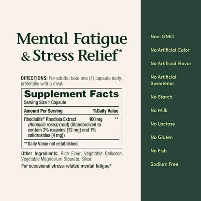 Nature's Bounty Mental Fatigue and Stress Relief, Rhodiola Supplement, 400 mg, Capsules, 30 Count