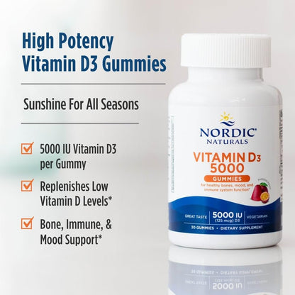 Nordic Naturals Vitamin D3 5000 Gummies, Passion Fruit - 30 Gummies - Support for Healthy Bones, Mood, & Immune System - Vegetarian - Non-GMO - 30 Servings