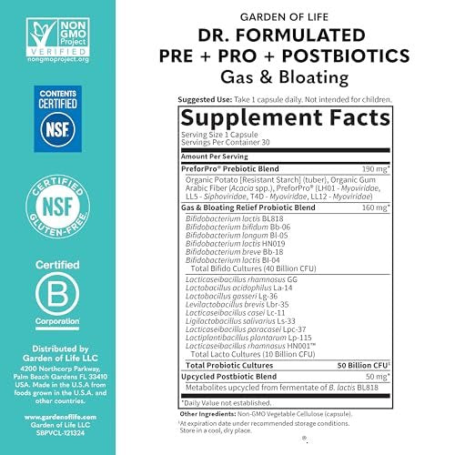 Garden of Life Dr. Formulated Pre, Post & Probiotics Gas & Bloating Once Daily 3-in-1 Complete Prebiotics, Postbiotics & Probiotics – 50 Billion CFU, Non-GMO, Gluten-Free, 30 Day Supply - görsel 1