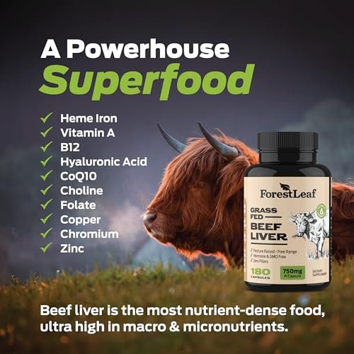 ForestLeaf Grass Fed Beef Liver Capsules, 3000mg Per Serving, Supports Immunity & Body Wellness, Cleansing, Digestion, Natural Iron, Vitamin A and B12, Freeze Dried Beef Liver Supplement, 180 Caps - görsel 10